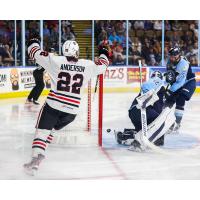 Joey Anderson of the Rockford IceHogs reacts after a goal